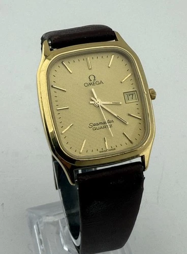 Vintage Omega Seamaster Quartz Gold Plated Rectangular Watch Date W/ Paperwork