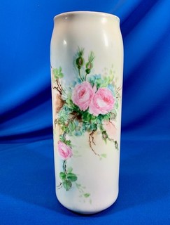 MZ AUSTRIA HAND PAINTED PINK ROSES FINE PORCELAIN 11.5"H CYLINDER VASE