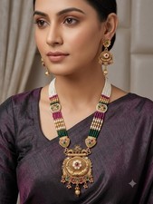 Indian Bollywood Gold Plated Kundan Pearl Long Necklace Earrings Jewelry Set