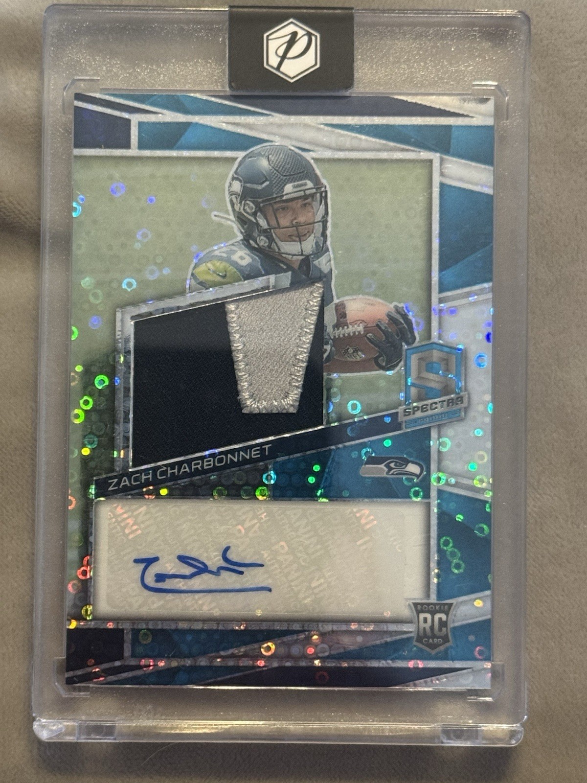 2023 Spectra Neon Blue Prizm /50 Zach Charbonnet #241 RPA Rookie Patch Auto RC