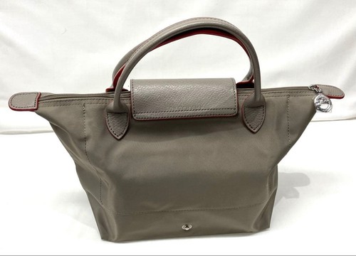 LONGCHAMP Mini Tote Bag Griege Nylon Red Handle Used Elegant Everyday - Picture 2 of 10