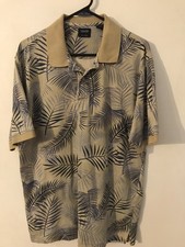 L Men's IZOD Vintage Beige  Blue Cotton Floral Polo Hawaiian Shirt NEVER WORN