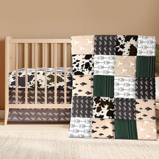 3 Piece Patchwork Western Crib Bedding Set for Boys Girls Cow Cactus Print Baby