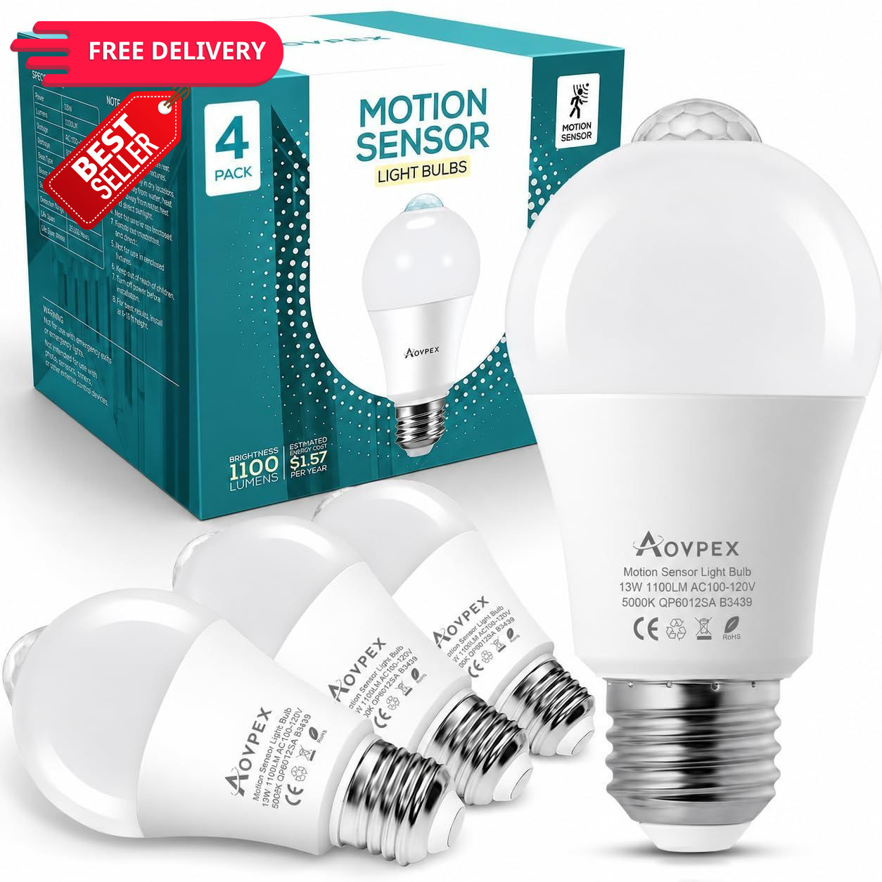 Motion Sensor Light Bulbs, Dusk to Dawn, 4 Count (Pack of 1), Daylight White