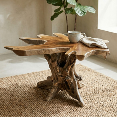 Teak Baumscheibe Couchtisch Beistelltisch Wurzelstamm Fuß Massivholz Unikat neu