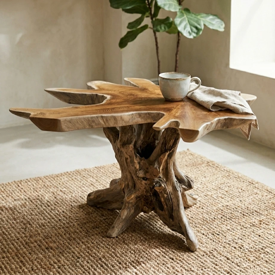 Teak Baumscheibe Couchtisch Beistelltisch Wurzelstamm Fuß Massivholz Unikat neu - Bild 1 von 4
