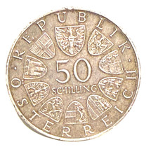 1967 AUSTRIA Blue Danube Waltz Violin VINTAGE Silver 50 Shilling Coin