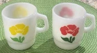 Vintage Fire King Anchor Hocking Red Yellow Poppy Milk Glass Mugs, 1970’s, Retro