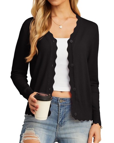 Women's Long Sleeve V-Neck Button Down Cardigan Knit Shrugs Sweaters(Black, S...
