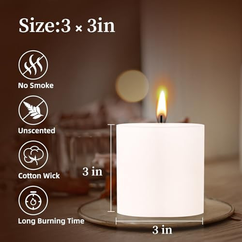 Juego de 6 velas de pilar blancas KONNI, 3"x 3" velas de pilar sin perfume a granel, 30 - Imagen 3 de 7
