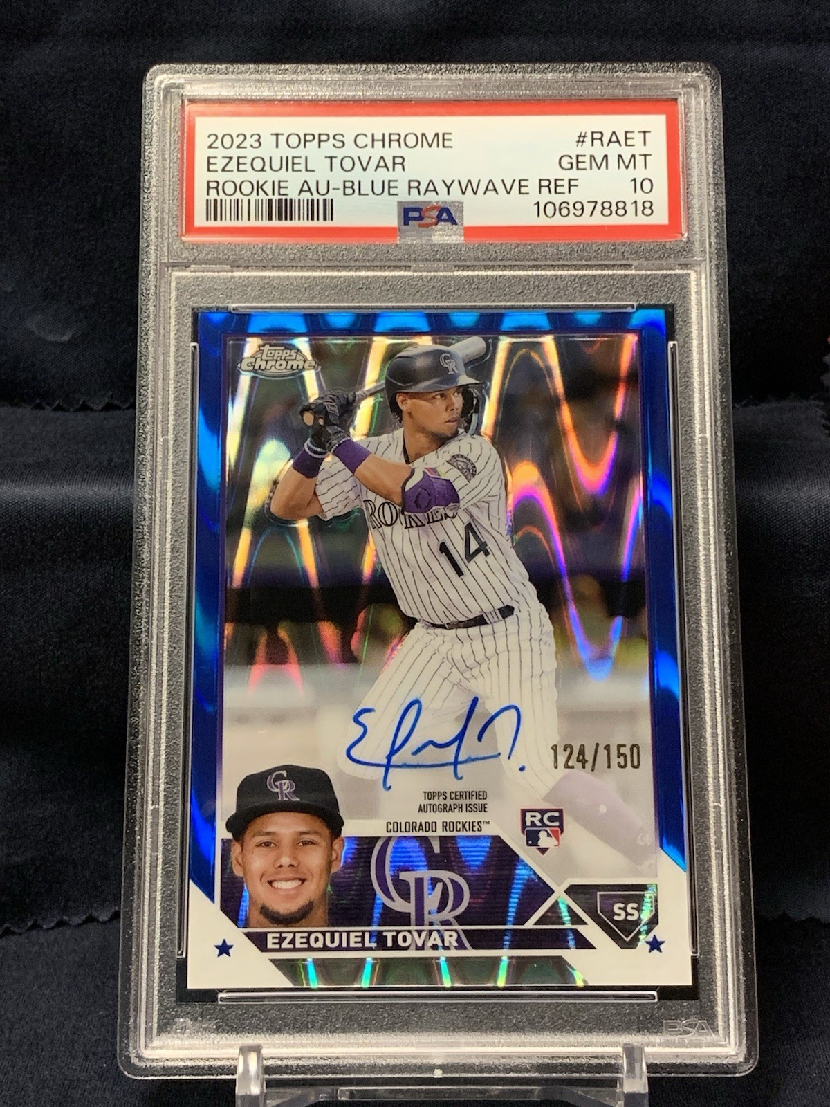 EZEQUIEL TOVAR RC 2023 Topps Chrome BLUE Raywave REFRACTOR Auto /150 PSA 10 GEM