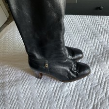Vintage 60s Cobbies Knee High Black Leather Lined Boots Size 6.5 Stacked Heel
