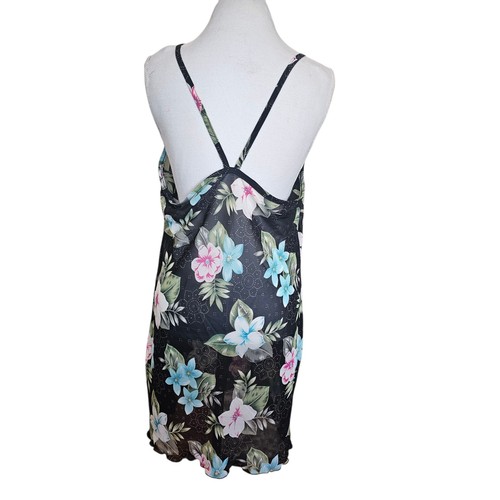 VTG Sheer Slip Dress Negligee Coverup Hawaiian Tropical Black Cowlneck Sz L - Picture 4 of 8