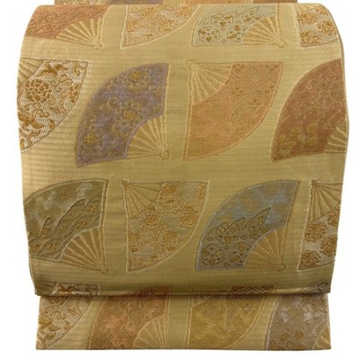 Japanese Kimono Fukuro obi excellent item fan flower arabesque gold thread