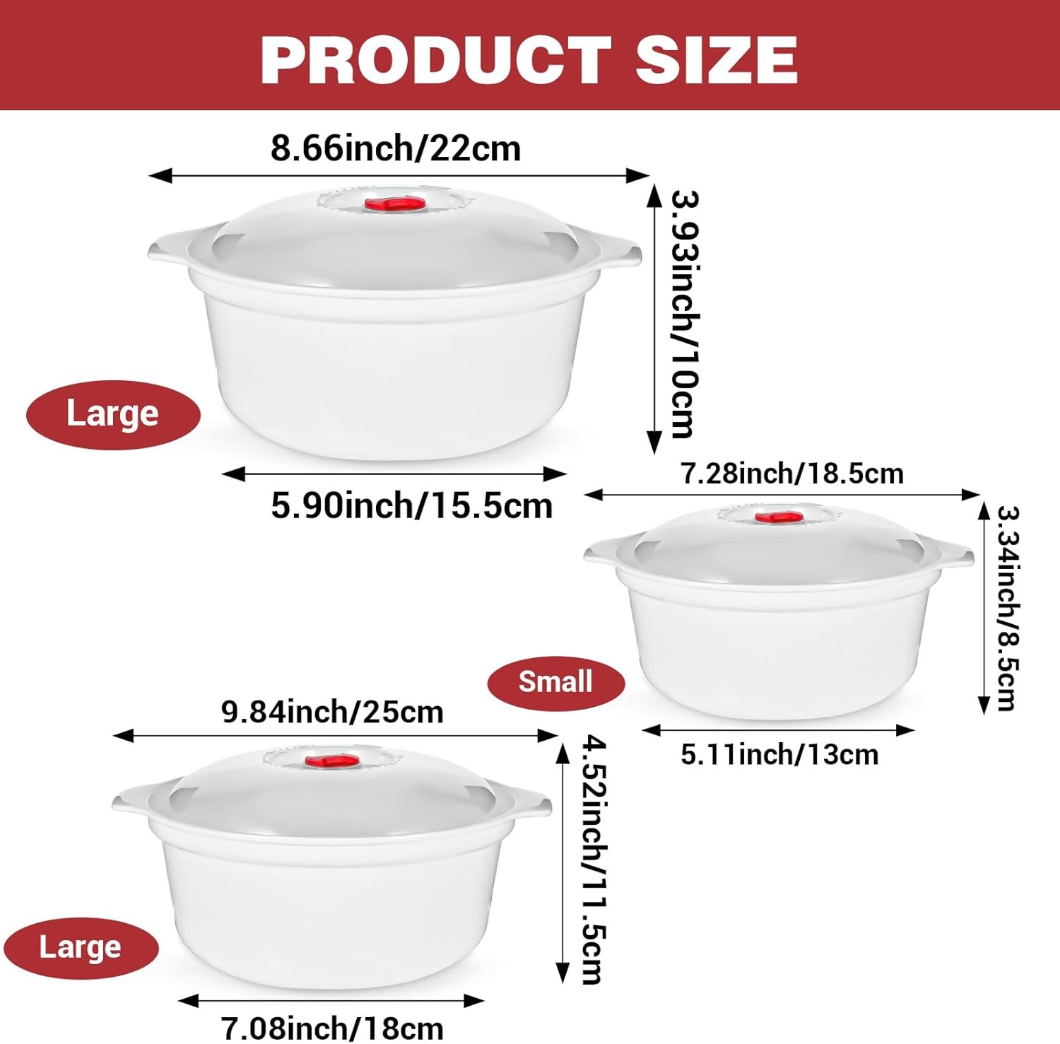 3 Pieces Microwave Bowls with Lids Assorted Sizes as shown in pictures, White 