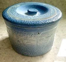 Antique Blue & Gray McCoy Butter Pottery Stoneware Crock w/Lid butterfly embosse