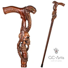 King Cobra Snake & Skull Head Wooden Walking Stick Cane Hand Carved gift for men