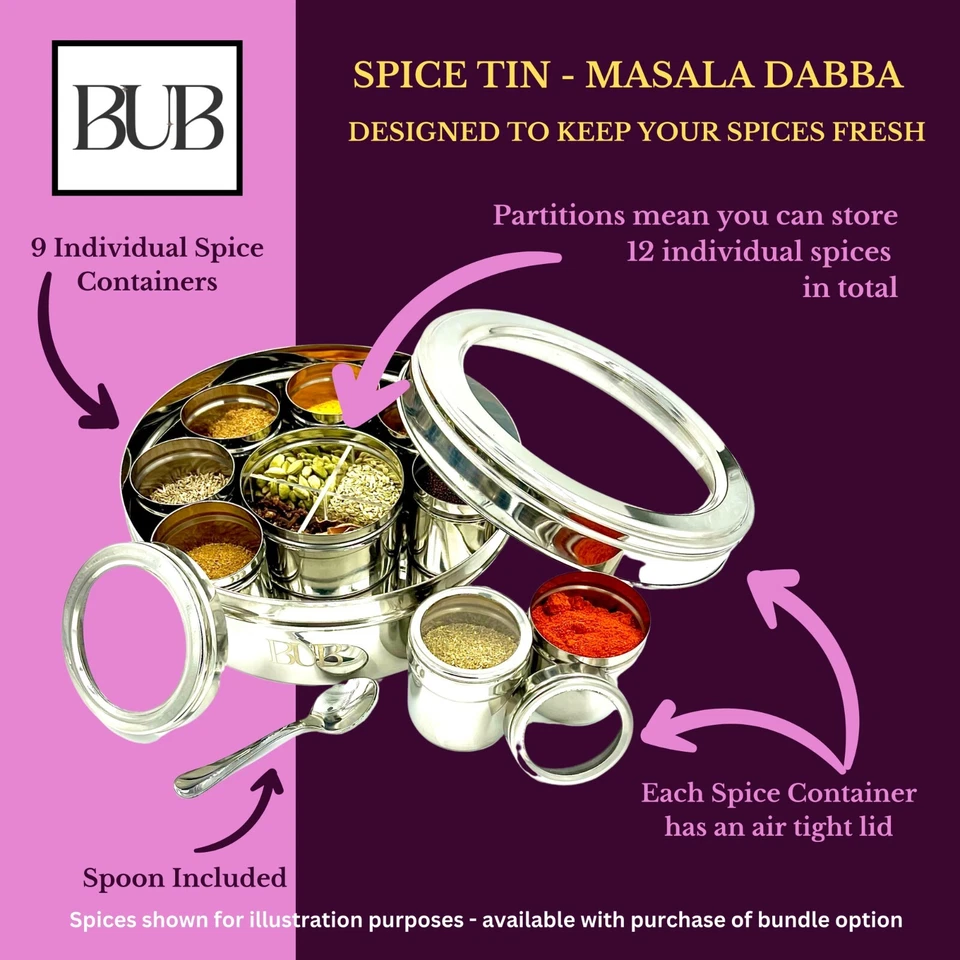 Indian Spice Tin Masala Dabba 22cm x 9  Pots with Lids. - Image 2 of 4