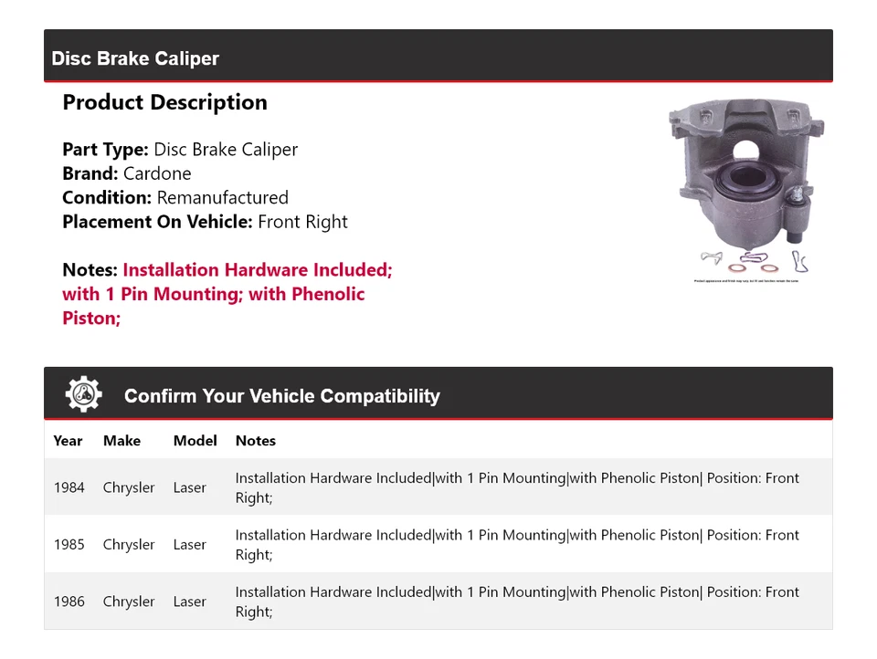 Pinza de freno de disco láser delantera derecha Cardone 1985 para Chrysler 1984-1986 Foto 2 de 4