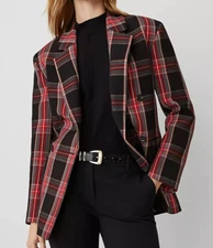 NWT ANN TAYLOR BLACK RED PLAID RELAXED DOUBLE BREASTED BLAZER JACKET SZ 2