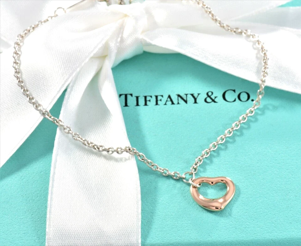 Tiffany & Co Rose Gold Silver Elsa Peretti Mini Open Heart 7.5" Bracelet & Pouch - Image 3 of 4
