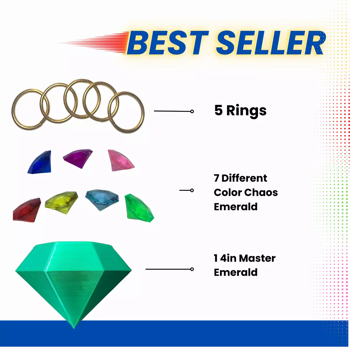 More Toys Sonic 7 Seven Chaos Emeralds & 5 Five Power Rings - In a Gift Box