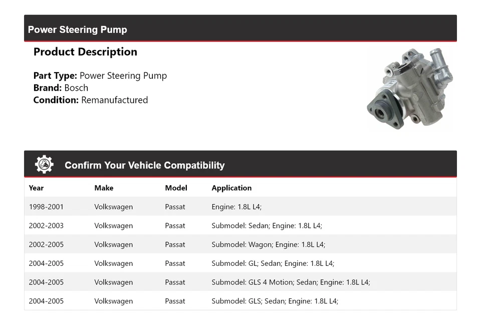 Bomba de dirección asistida Bosch 1999 2000 2001 para Volkswagen Passat 1998-2005 1,8 L L4 Foto 2 de 4