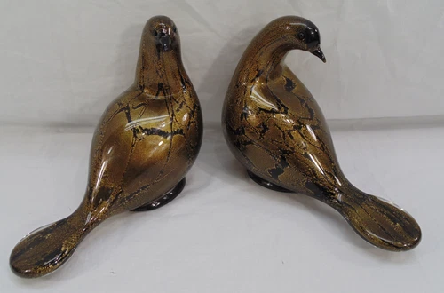 Vintage Pair Of Murano Dove Birds ICET Arte Gold Speckle Blown Art Glass