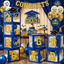 Graduation Decorations Class of 2026 Navy Blue and Gold Balloon Boxes for Hig...