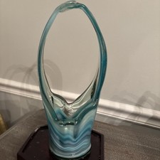 Vintage MCM Green Swirl Art Glass Murano Style Stretch Basket Vase 11.5  