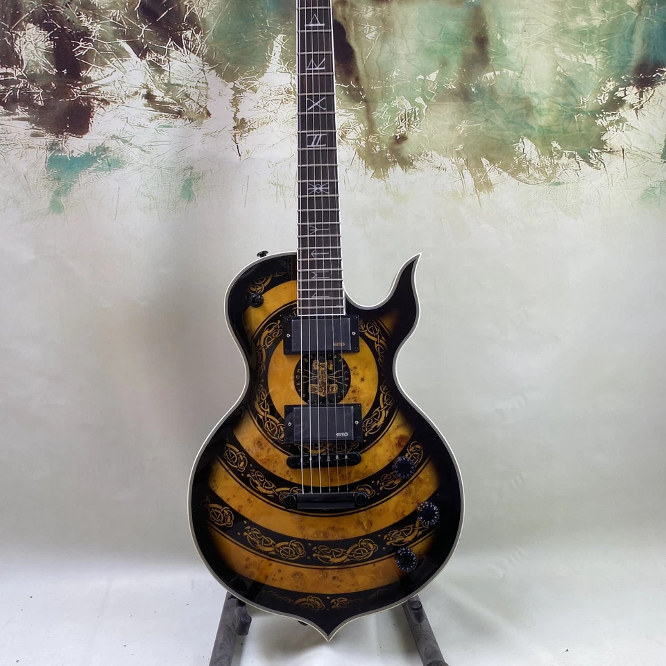 Black Yellow Zakk Wylde Electric Guitar Burl Tree Top EMG Pickup Mahogany Body - Image 3 of 4