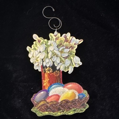*EASTER EGGS IN BASKET AND BOUQUET * Glitter HOLIDAY ORNAMENT * Vtg Img