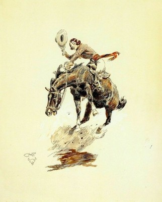 Bucking Bronco Cowgirl Western by Charles Russell vintage ART print antique