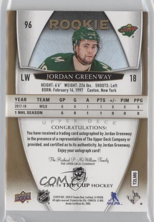 2018-19 Upper Deck The Cup Gold Spectrum Foil /36 Jordan Greenway Rookie Auto RC - Image 2 of 2