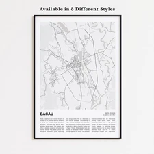 Bacău City Map Print, Romania Travel Poster, Modern Map, Wall Decor Art
