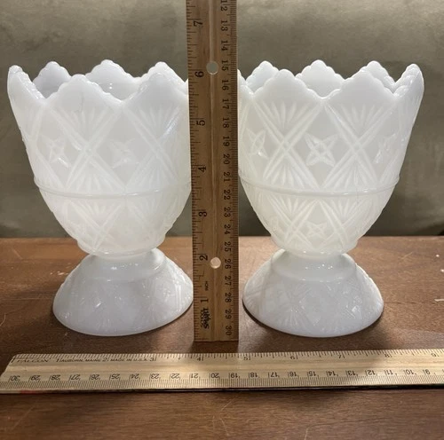 Set Of 2 Vintage E.O. Brody Co. White Milk Glass Footed Vase #2255