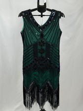 Womens Art Deco Flapper Dress L Green Black Beaded Sequin Fringe Gatsby 1920s