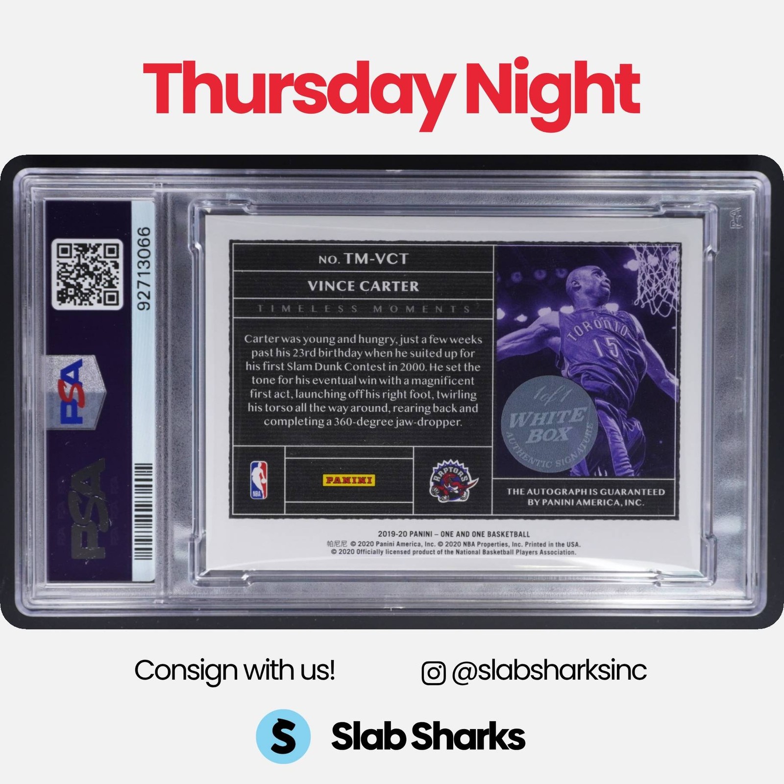 2019 PANINI ONE AND ONE VINCE CARTER TIMELESS MOMENTS AUTO BLACK BOX 1/1 PSA 9 view 2