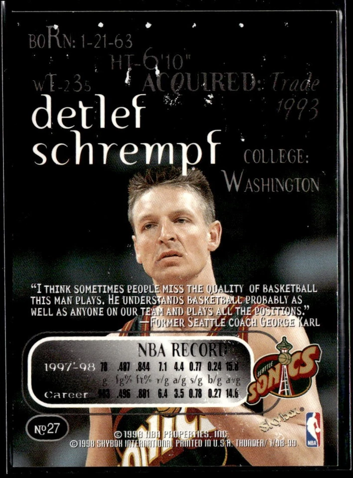 1998-99 SkyBox Thunder #27 Detlef Schrempf - Image 2 of 2