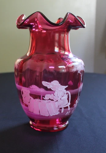 Fenton Cranberry Glass Hand Painted Vase Mary Gregory Tea Time NEW