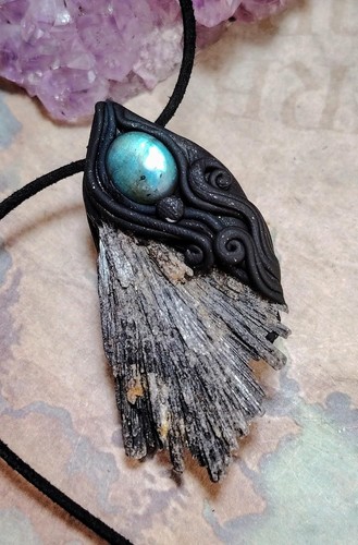 New Dawn roher schwarzer Kyanit Fächer Halskette Labradorit spiritueller Schmuck Geschenk