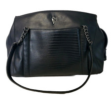 Vera Wang Black Poly Leather Bowler Satchel Handbag Purse Tote Double Handle