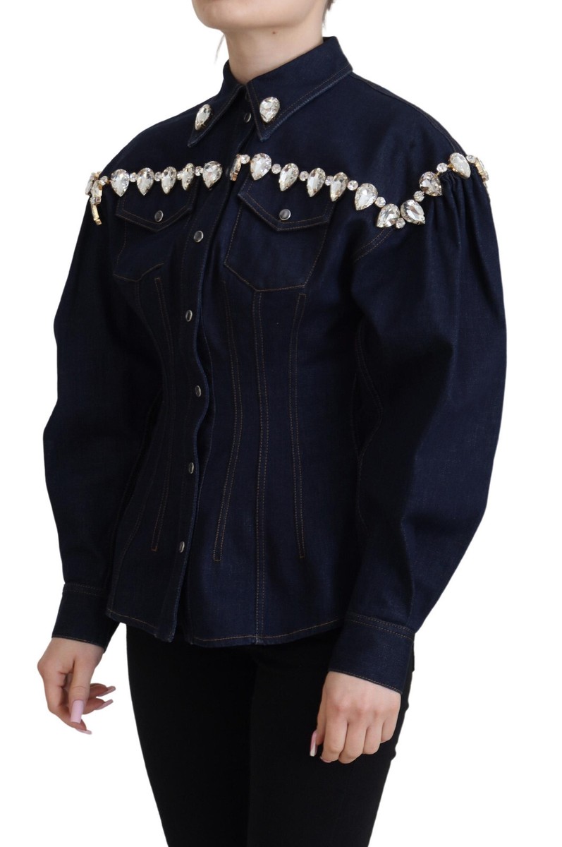 DOLCE & GABBANA Jacket Cotton Blue Denim Crystal Embellished IT36