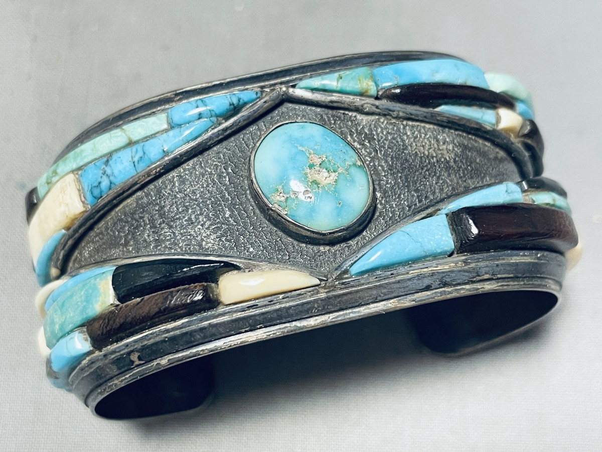 6.5 Inch Wrist Opulent Vintage Native American Navajo Turquoise Inlay Sterling Silver Bracelet 6.5 Inch Wrist Opulent Vintage Native American Navajo Turquoise Inlay Sterling Silver Bracelet