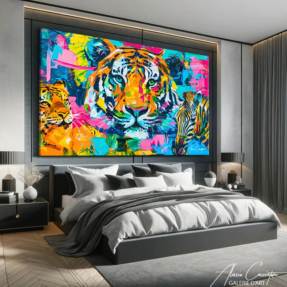 Impresión de arte de tigre colorida decoración de pared arte pop grande pintura animal lienzo pared Foto 3 de 4