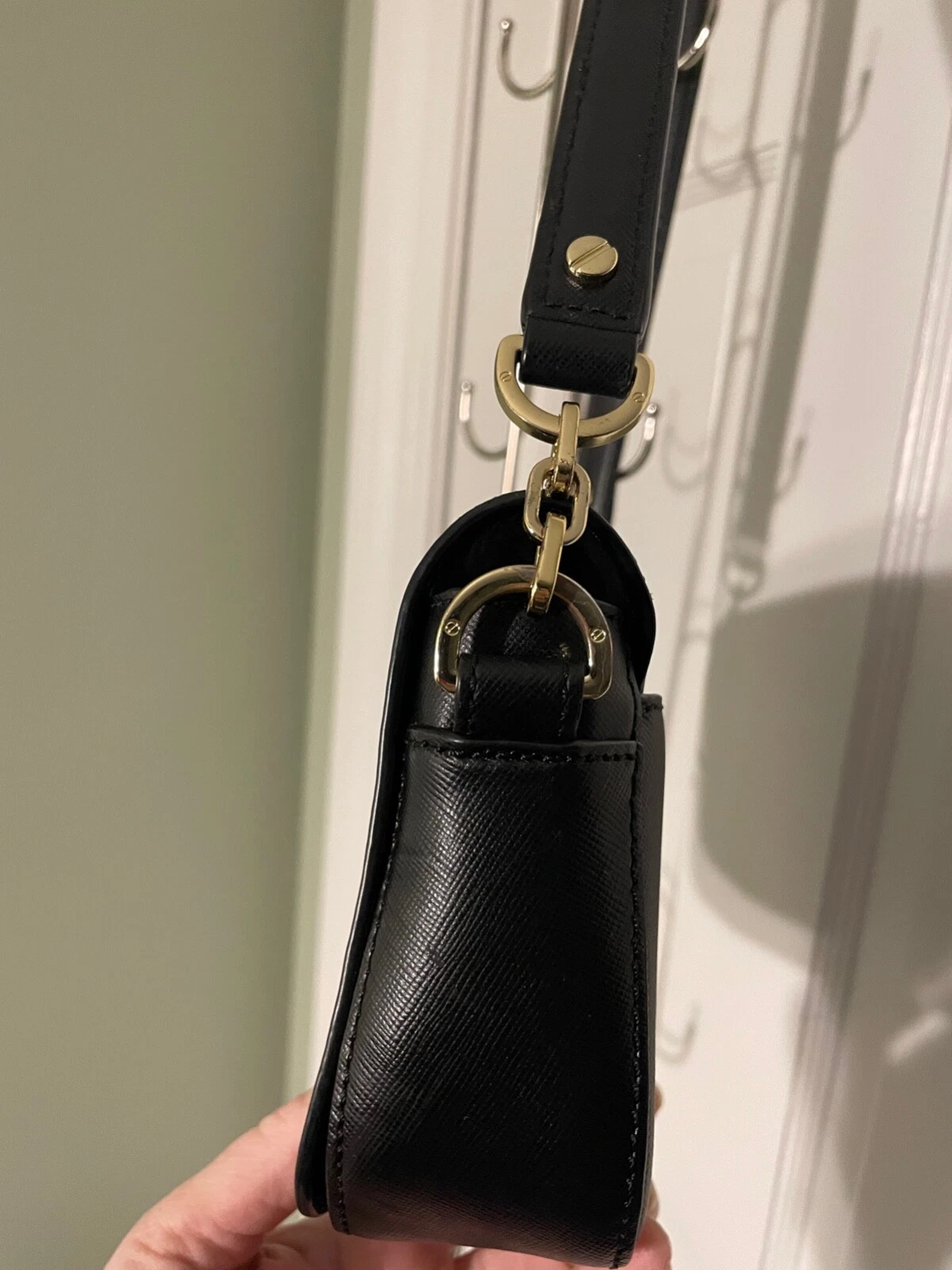 Tory Burch Black Saffiano Leather Perforated Front Flap Shoulder Bag Purse