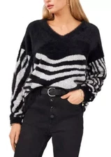 VINCE CAMUTO Black White Stripe Sweater Size M Eyelash Fuzzy NWT