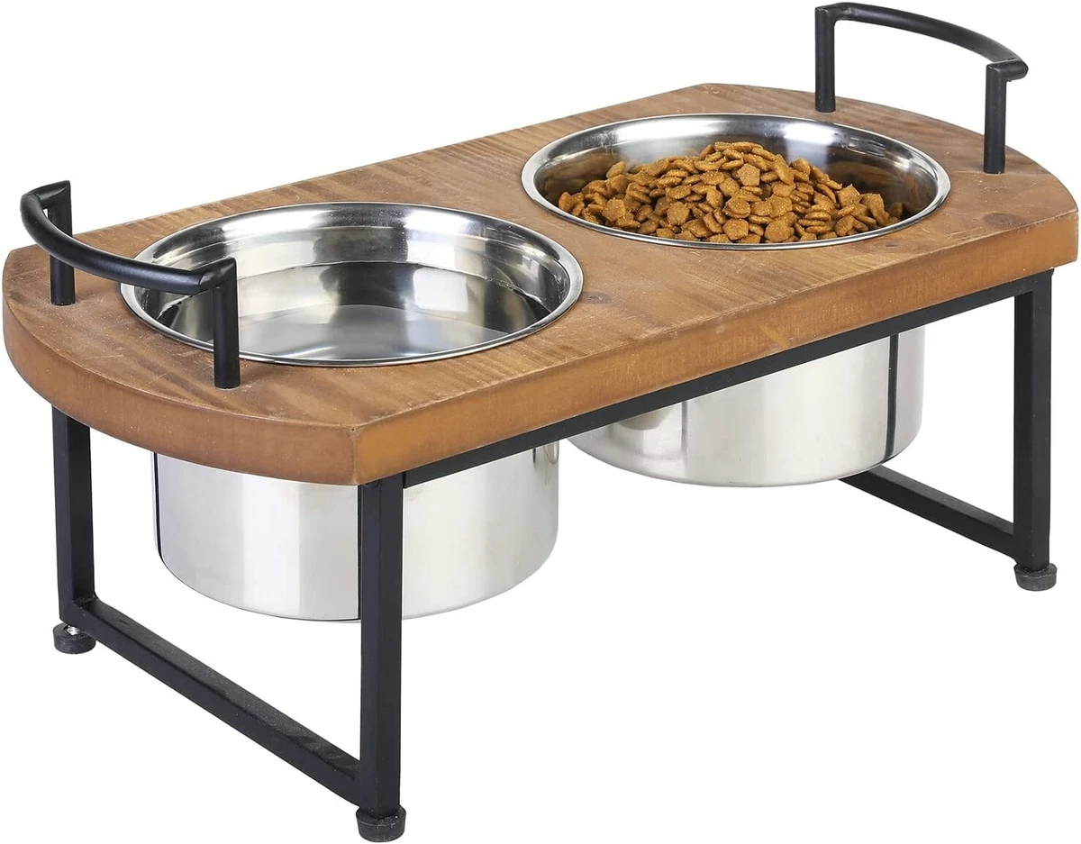 Rustic Burnt Wood & Black Metal Elevated Raised Dog Bowls Pet Feeder w/ 2  Bowl