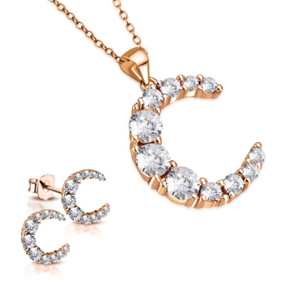 925 Sterling Silver Gold-Tone Clear CZ Moon Pendant Stud Earrings Set