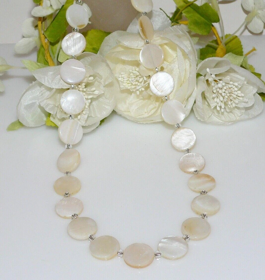 Halskette Kette Collier Muschel Perlmutt Scheibe Ø15mm natur weiss creme 405n - Bild 4 von 4